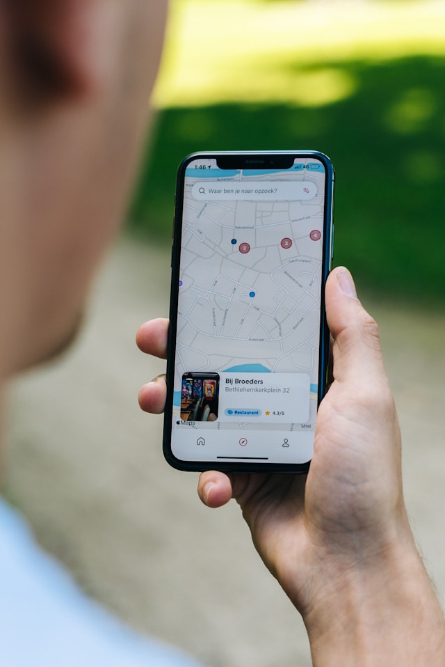 View of a city street with modern commercial buildings